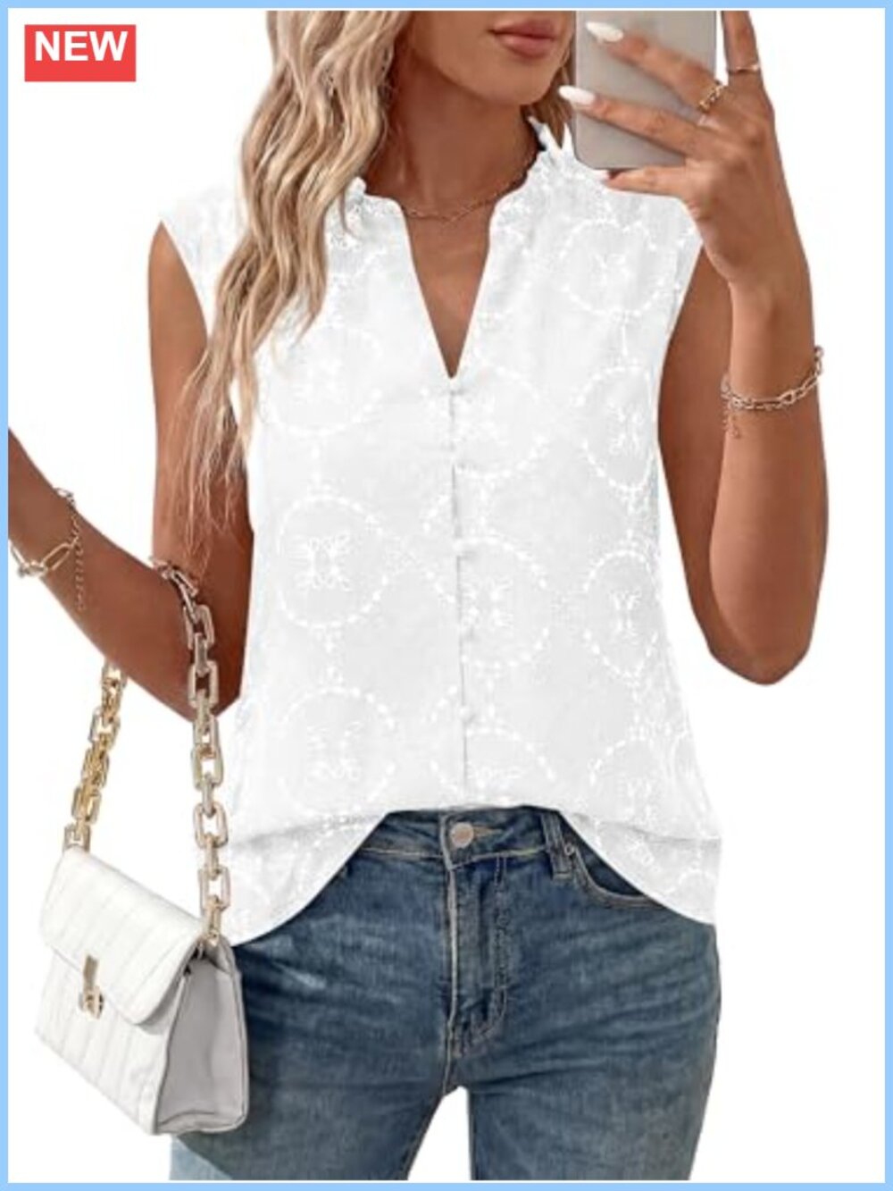 Boho Button Down Sleeveless Top Cotton Eyelet Embroidered Beach Vacation